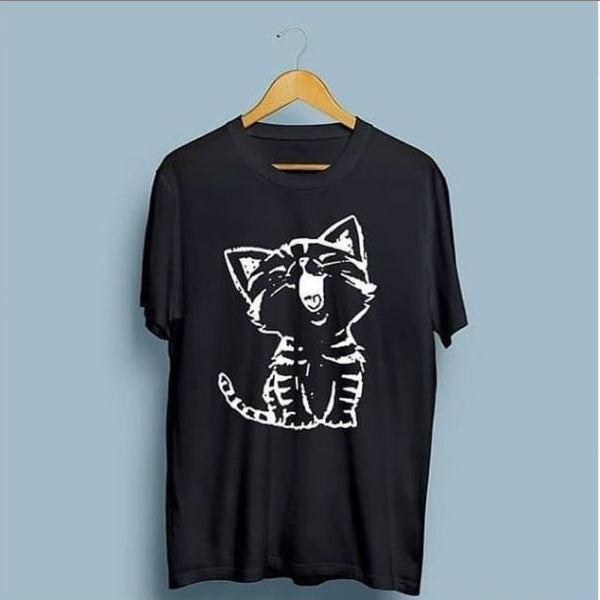 Emerce- Cat Laugh Printed Half Sleeves T-Shirt - Black