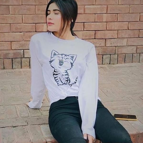 Emerce- Cat Laugh Printed Full Sleeves T-Shirt - White