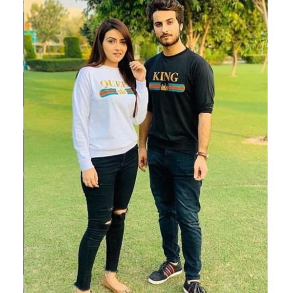 Emerce- Pack Of 2 ((KING QUEEN)) Printed Full Sleeves T-Shirt - Black&White