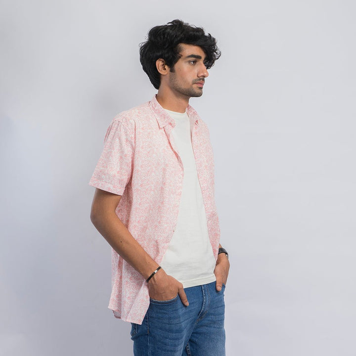 VYBE-Casual Shirt Half Sleeve-Pink Leaves