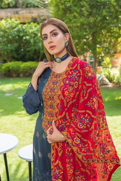 Tulsi Embroidered Viscose Schiffli Shirt With Fancy Embroidered Polly Duppata TUL-001