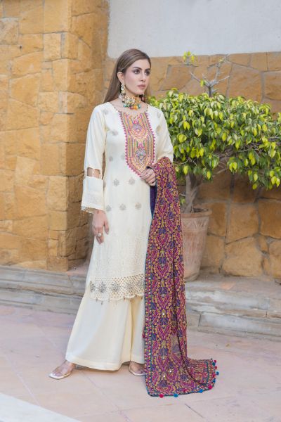 Tulsi Embroidered Viscose Schiffli Shirt With Fancy Embroidered Polly Duppata TUL-009