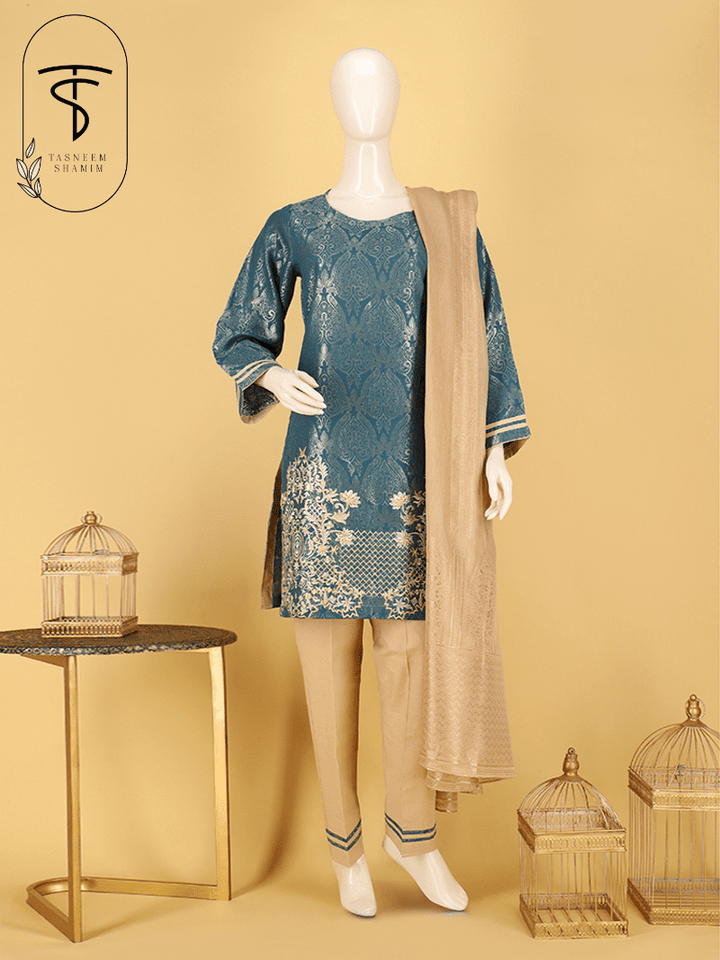 Roshnaay- Teal Green Jacquard and Embroidered Unstitched 3 Piece Suit