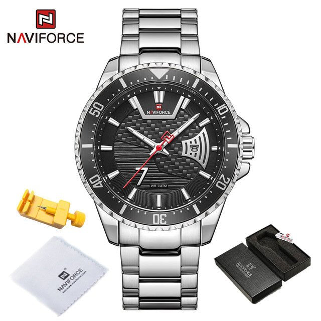 NAVIFORCE- Watches Men Casual Fashion Waterproof Stainless Steel Date Display Quartz Wristwatch Male Relogio Masculino Silver Black