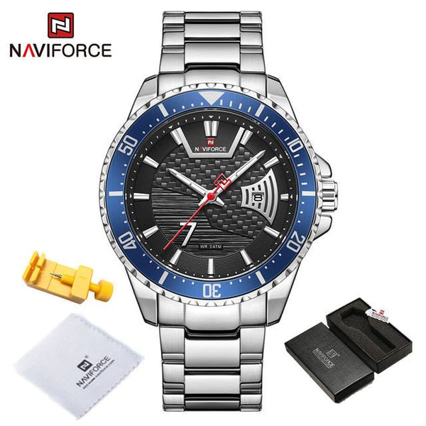 Naviforce- Watches Men Casual Fashion Waterproof Stainless Steel Date Display Quartz Male Relogio Masculino Silver Blue
