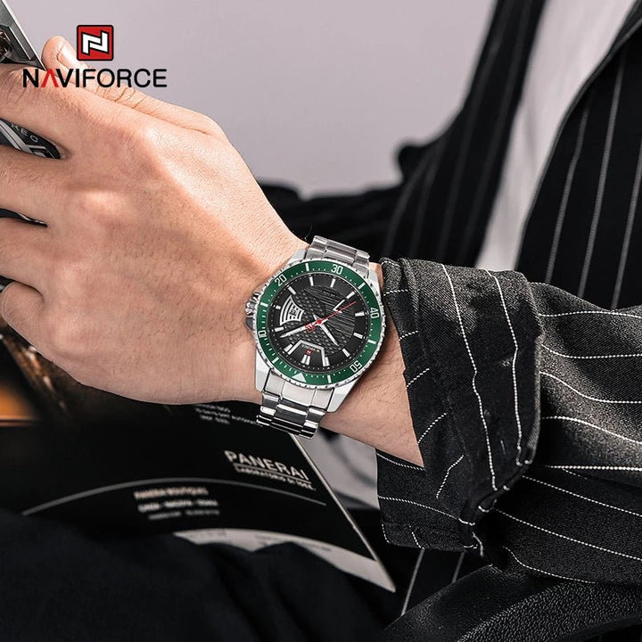 NAVIFORCE- Watches Men Casual Fashion Waterproof Stainless Steel Date Display Quartz Wristwatch Male Relogio Masculino Silver Green