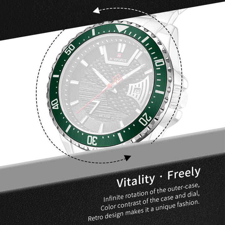 NAVIFORCE- Watches Men Casual Fashion Waterproof Stainless Steel Date Display Quartz Wristwatch Male Relogio Masculino Silver Green