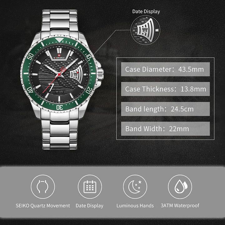 NAVIFORCE- Watches Men Casual Fashion Waterproof Stainless Steel Date Display Quartz Wristwatch Male Relogio Masculino Silver Green