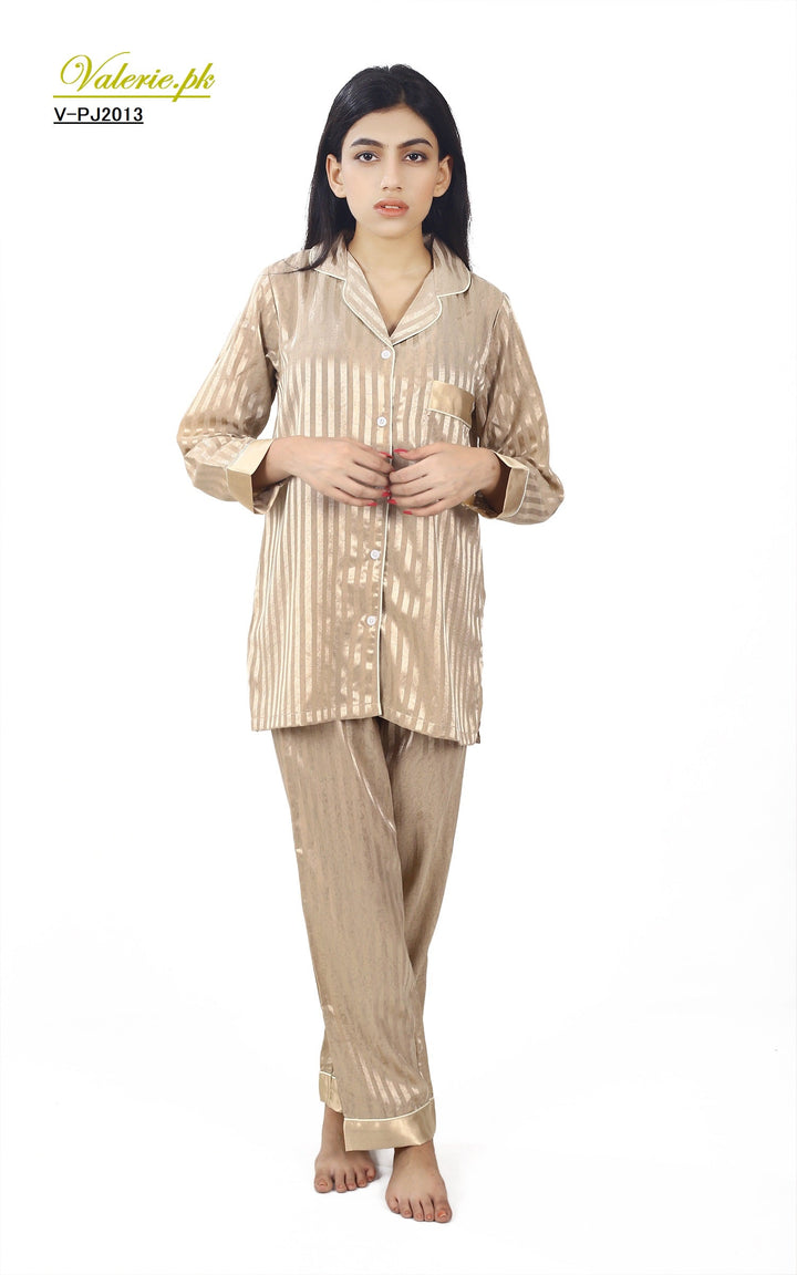 Valerei - Solid Beige Shadow Stripe Pajama Set