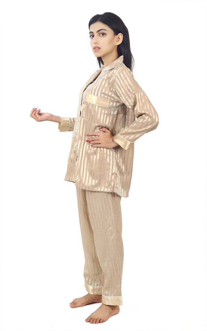 Valerei - Solid Beige Shadow Stripe Pajama Set