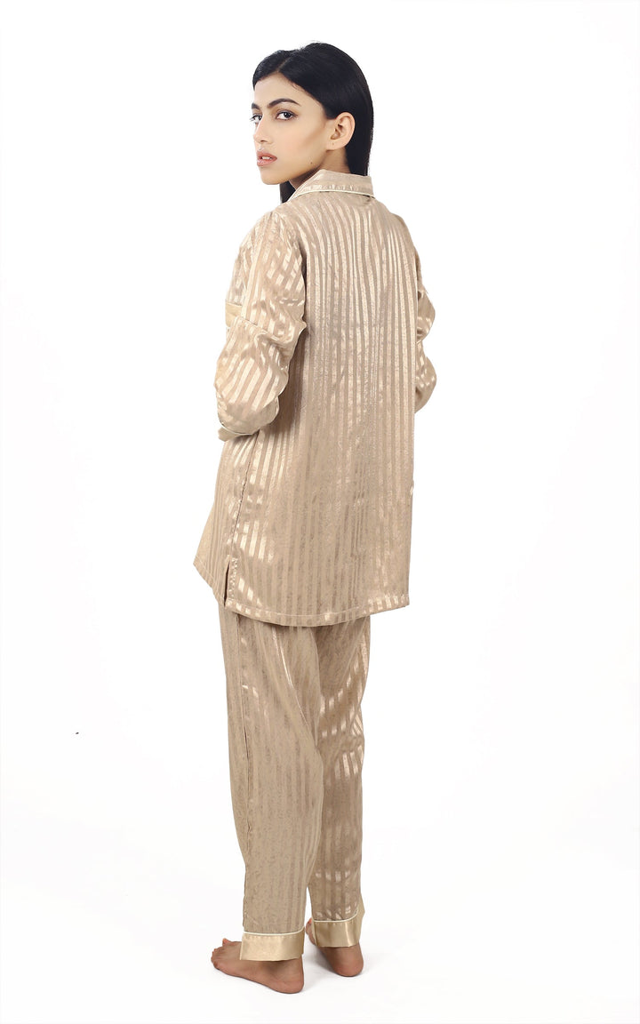 Valerei - Solid Beige Shadow Stripe Pajama Set