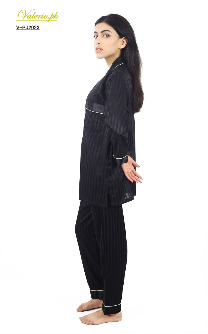 Valerei - Solid Black Shadow Stripe Pajama Set