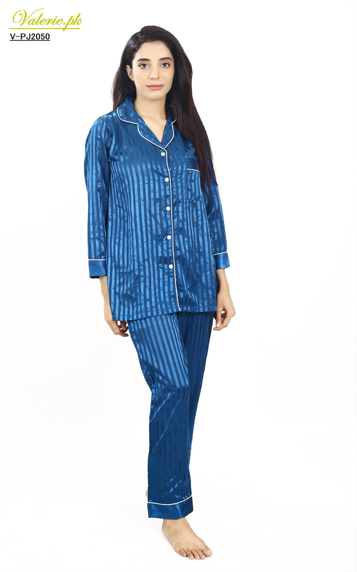 Valerei - Solid Teal Shadow Stripe Pajama Set