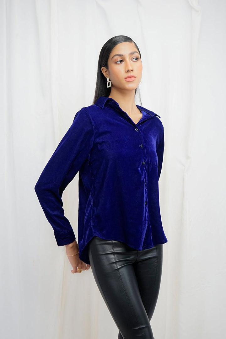 VYBE - velvet button shirt-Blue