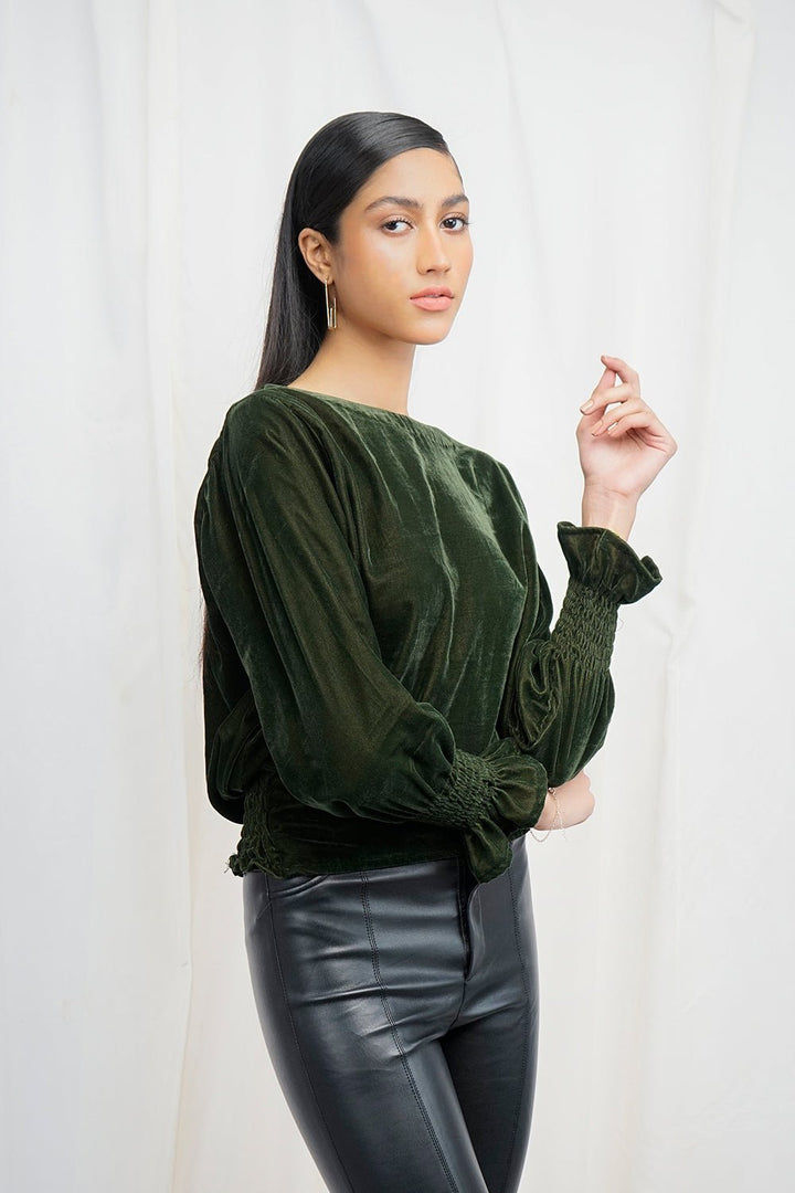 VYBE - Velvet smocking Top- green