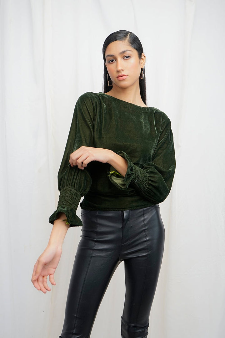 VYBE - Velvet smocking Top- green