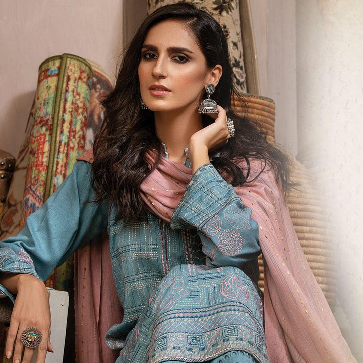 Lakhany- Slub Peach 3 Piece Embroidered Suit by LSM WEC-5028