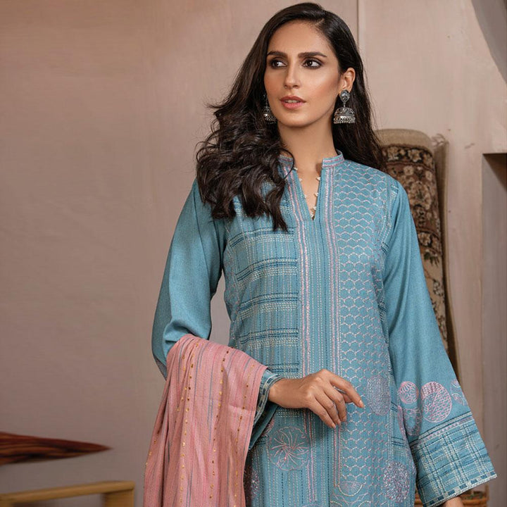 Lakhany- Slub Peach 3 Piece Embroidered Suit by LSM WEC-5028