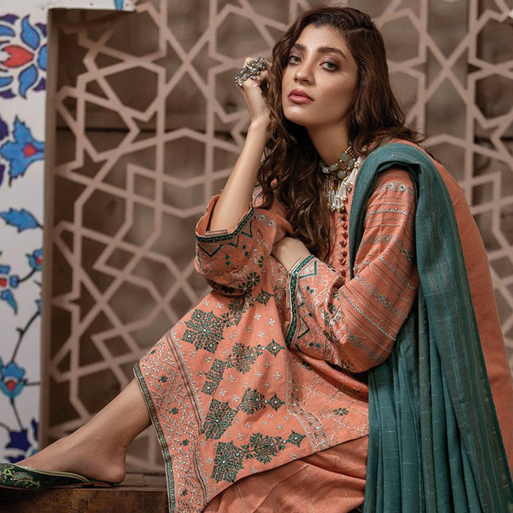 Lakhany- Slub Peach 3 Piece Embroidered Suit by LSM WEC-5029