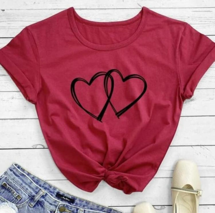 Wf Store- Double Heart Printed Half Sleeves Tee  Maroon