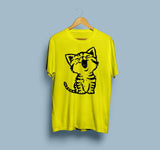 Wf Store- Cat Laugh Printed Half Sleeves Tee - Yellow