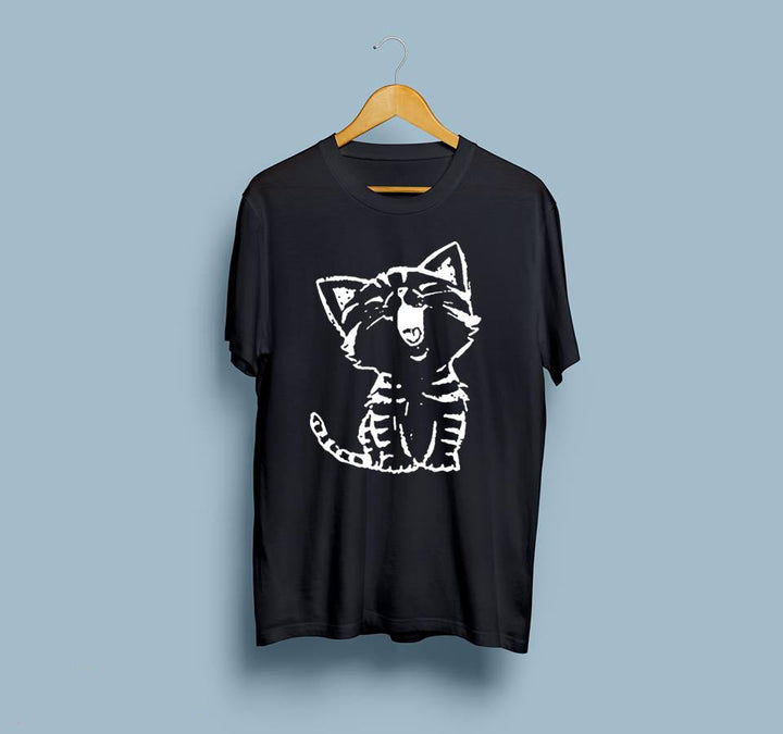 Wf Store- Cat Laugh Printed Half Sleeves Tee - Black