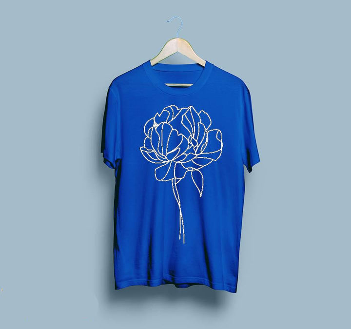 Wf Store- Big Flower Printed Half Sleeves Tee - Blue