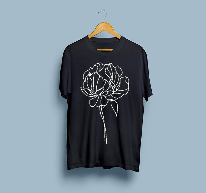 Wf Store- Big Flower Printed Half Sleeves Tee - Black