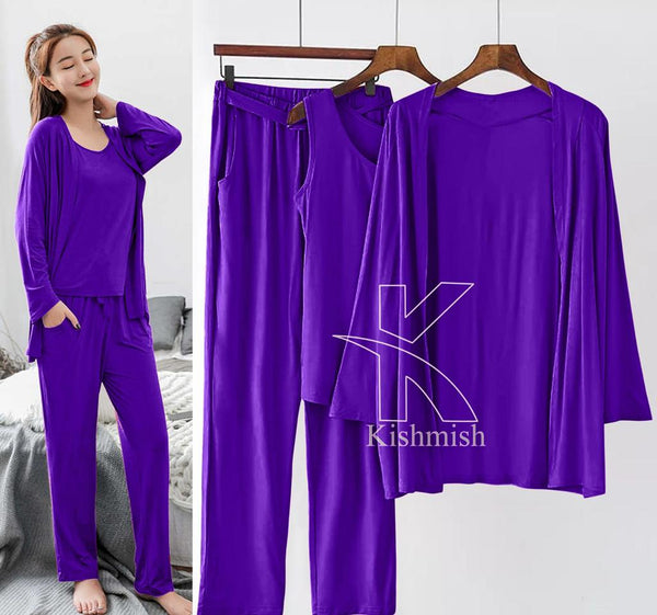 Emerce- 3Pc Night Suit With Gaon - Purple