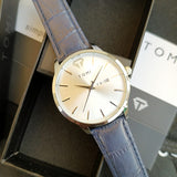 Tomi White Dial Day Date Quartz Wrist Watch Blue Leather Strap Watch