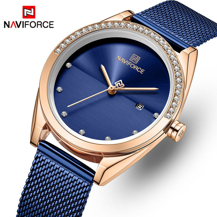 NAVIFORCE- NF5015 Black Mesh Stainless Steel Analog Watch For Women - Gold Blue