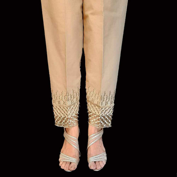 Zardi- Embroided Cotton Trouser - Beige - ZT254