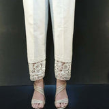 Zardi- Lace Embellished Cotton Trouser - White - ZT278
