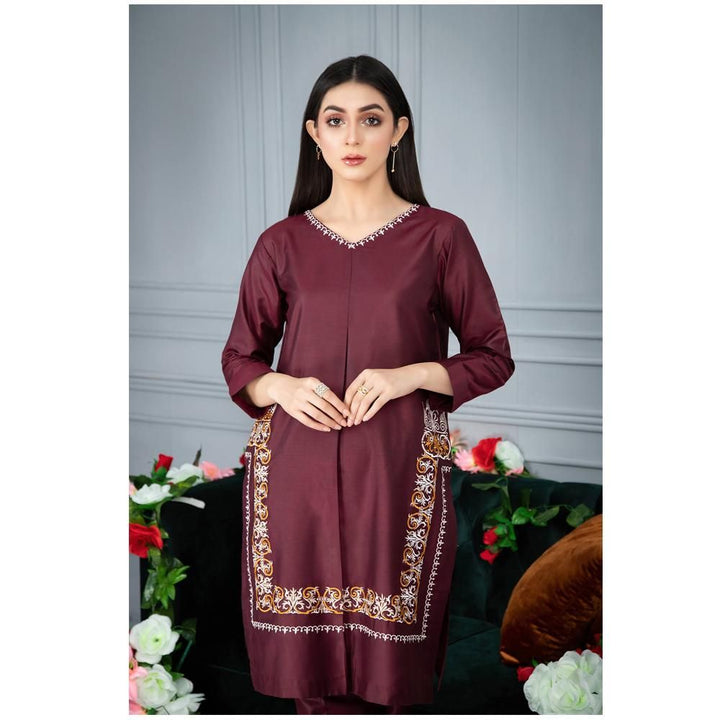 Keshia-Burgundy Raw Cotton Straight 2 Piece Embroidered