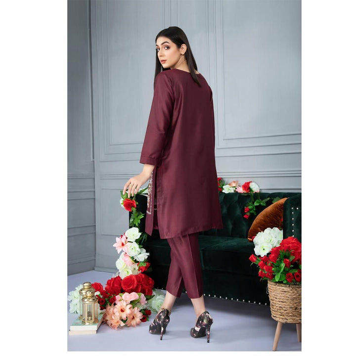 Keshia-Burgundy Raw Cotton Straight 2 Piece Embroidered