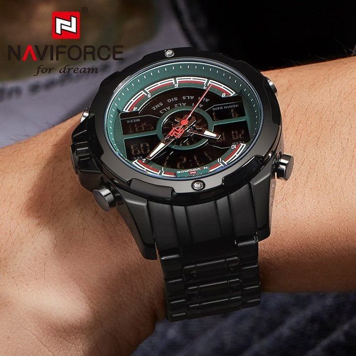 Naviforce- Nf9170 Led Display Metal Case Dual Display Watch Business Style Men Digital Watch Black Green