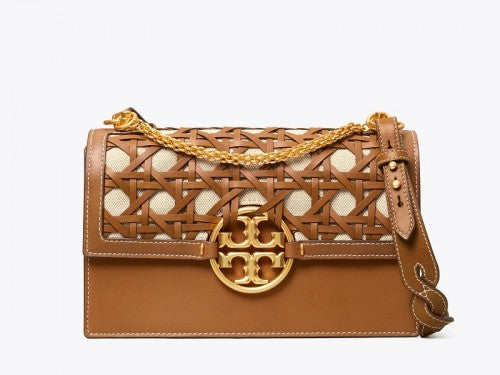 Tory Burch-Miller Basket Weave Shoulde Bag Moose with white base