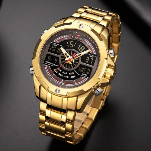 Naviforce- Nf9170 Led Display Metal Case Dual Display Watch Business Style Men Digital Watch Golden