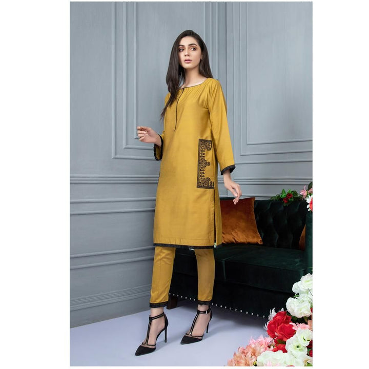 Keshia- Mustard Raw Cotton Straight 2 Piece Embroidered