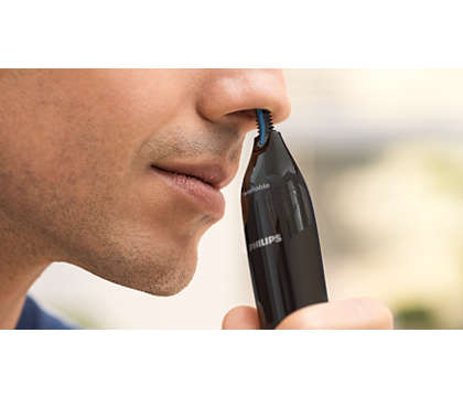 Philips Nose and ear trimmer: 100% water-proof, Powerful tube trimmer, AA-battery, 1 eyebrow comb 3mm, protective cap, black.