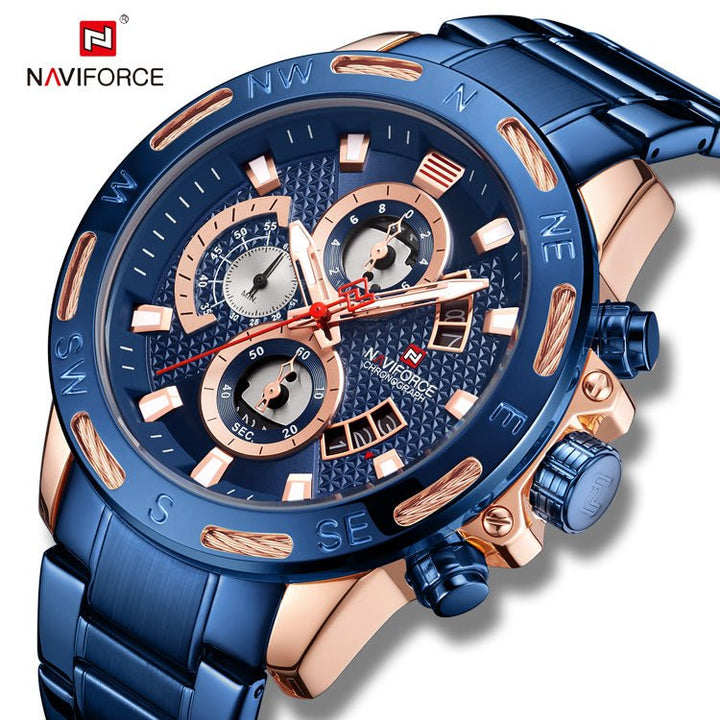 NAVIFORCE- NF9165 Royal Blue Stainless Steel Chronograph Watch For Men - RoseGold & Royal Blue