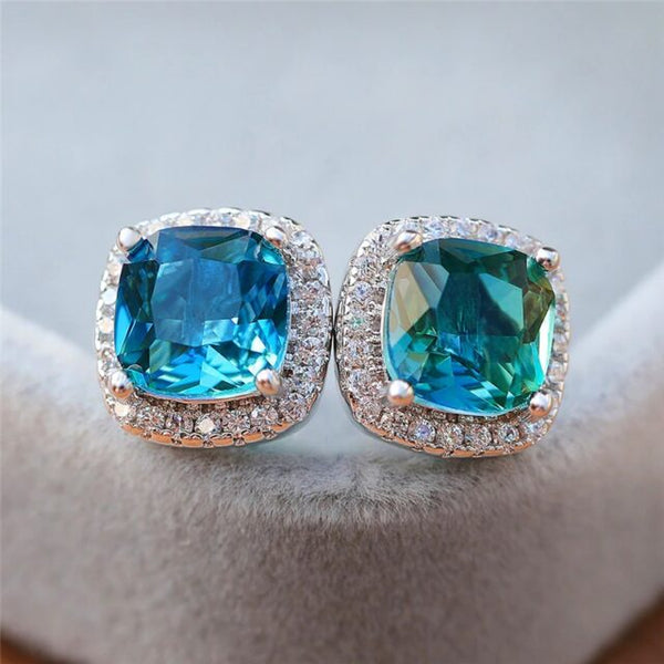 Zardi- AAA Zircon Earring With Bluish Green Stone - Silver - AE161