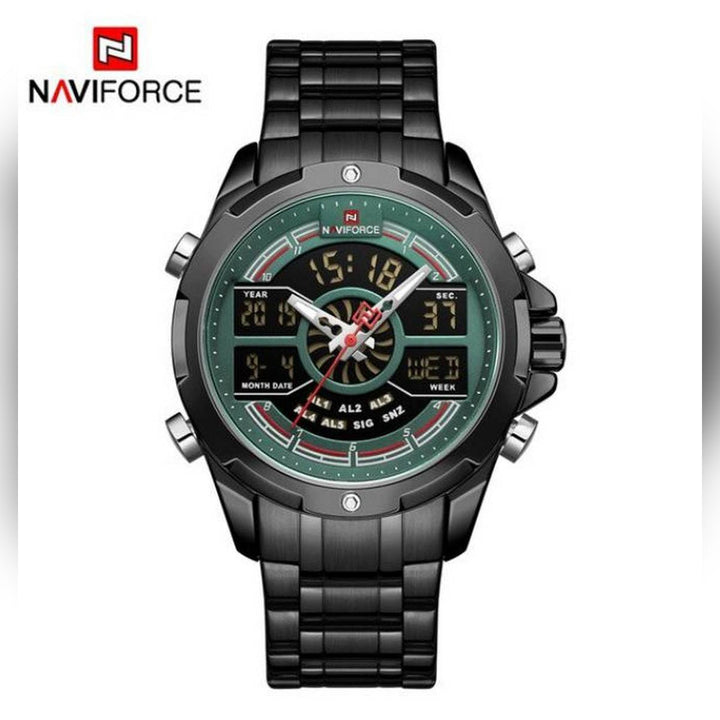 Naviforce- Nf9170 Led Display Metal Case Dual Display Watch Business Style Men Digital Watch Black Green