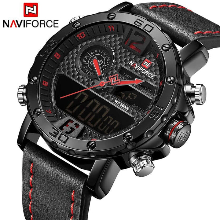 Naviforce- NF9134 Black PU Leather Dual Time Wrist Watch For Men - Black Red