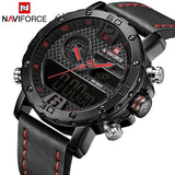 Naviforce- NF9134 Black PU Leather Dual Time Wrist Watch For Men - Black Red