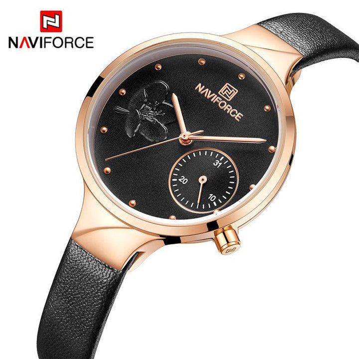 Naviforce- NF5001 beautiful Flower female quartz watch weird Genuine Leather Strap Waterproof Calendar ultra slim Casual watch Gold Black