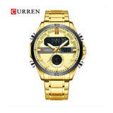 Curren- Luxury Brand Analog & Digital Quartz Stainless Steel Water Proof Wristwatch For Men-8384- Gold