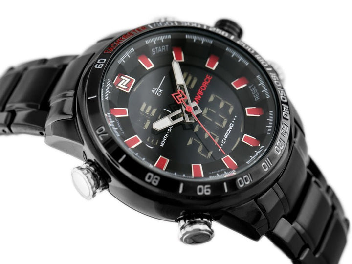 NAVIFORCE- NF9093 Stainless Steel Dual Display Wrist Watch for Men- Black and Red