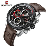 Naviforce Black Dial Dual Time Brown Strap Watch
