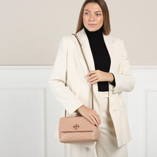 Kira Chevron Small Convertible Shoulder Bag Devon Sand Tory Burch